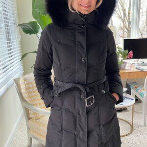 Sashi Black mide length Puffer Coat fur hood trim Size S